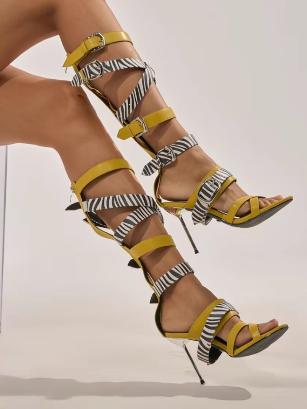 AKIRA AZALEA WANG ALIRA MUSTARD AND ZEBRA GLADIATOR STILETTO SANDAL Size 1010